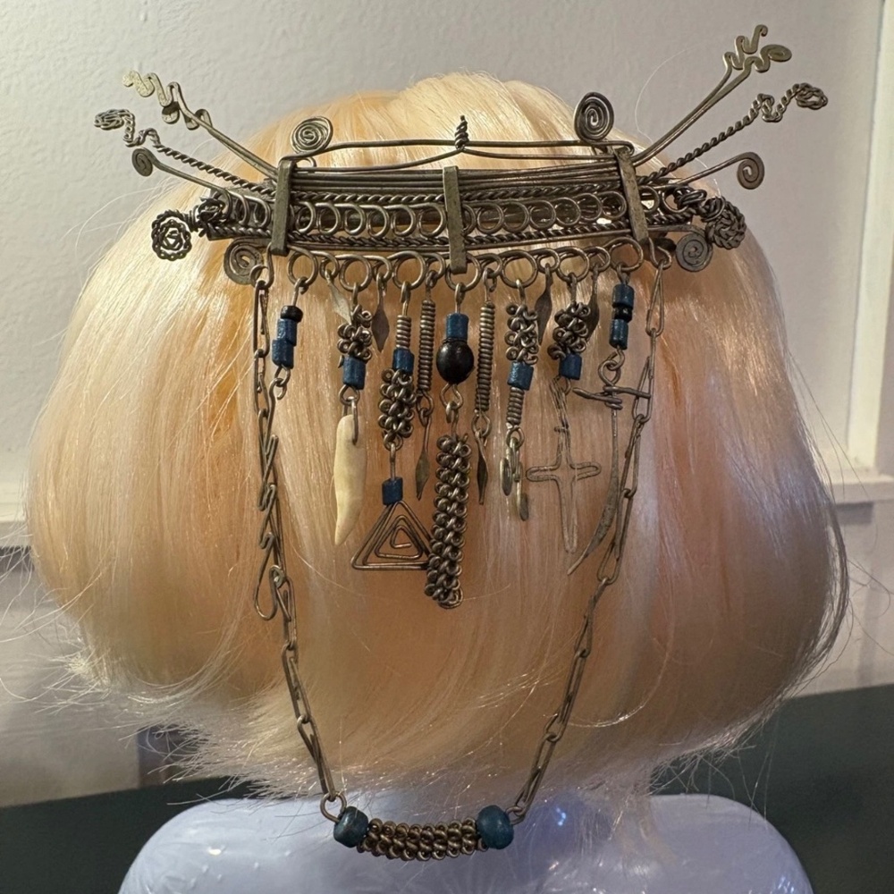 Vtg SilverTone Bohemian Tribal Aztec Filigree Wire Hair Barrette/Head Crown